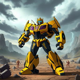In an epic scene from Transformers Prime, Bumblebee is depicted in his impressive Prime form, showcasing his sleek yellow and black armor adorned with Prime insignias