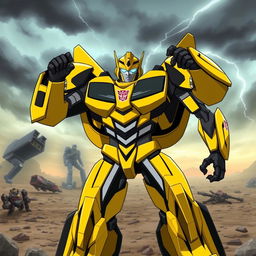 In an epic scene from Transformers Prime, Bumblebee is depicted in his impressive Prime form, showcasing his sleek yellow and black armor adorned with Prime insignias