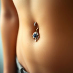 A detailed close-up image of a navel piercing, showcasing the elegant jewelry piece that adorns the belly button