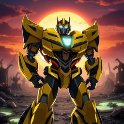 In a striking moment from Transformers Prime, Bumblebee is portrayed as a Prime, his armor enhanced with golden accents and a glowing Prime insignia forged into his chest