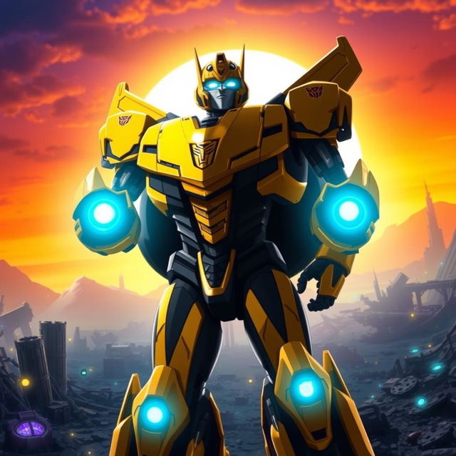 In a striking moment from Transformers Prime, Bumblebee is portrayed as a Prime, his armor enhanced with golden accents and a glowing Prime insignia forged into his chest