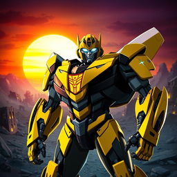 In a striking moment from Transformers Prime, Bumblebee is portrayed as a Prime, his armor enhanced with golden accents and a glowing Prime insignia forged into his chest