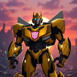 In a striking moment from Transformers Prime, Bumblebee is portrayed as a Prime, his armor enhanced with golden accents and a glowing Prime insignia forged into his chest