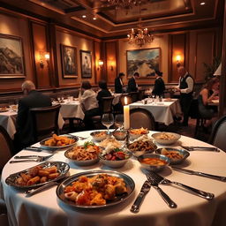An indoor scene depicting a cozy restaurant atmosphere, with elegant decor and soft lighting