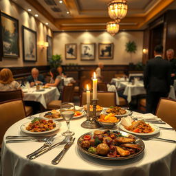 An indoor scene depicting a cozy restaurant atmosphere, with elegant decor and soft lighting