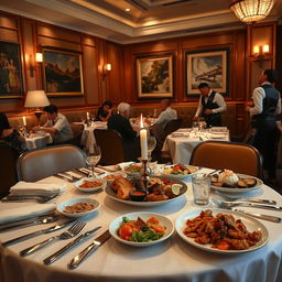 An indoor scene depicting a cozy restaurant atmosphere, with elegant decor and soft lighting