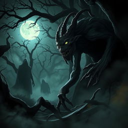 A terrifying scene depicting a Dandadan Okarun, a mythological creature with a grotesque appearance, featuring long, twisted limbs, a monstrous face with sharp teeth, and glowing eyes that pierce through the darkness