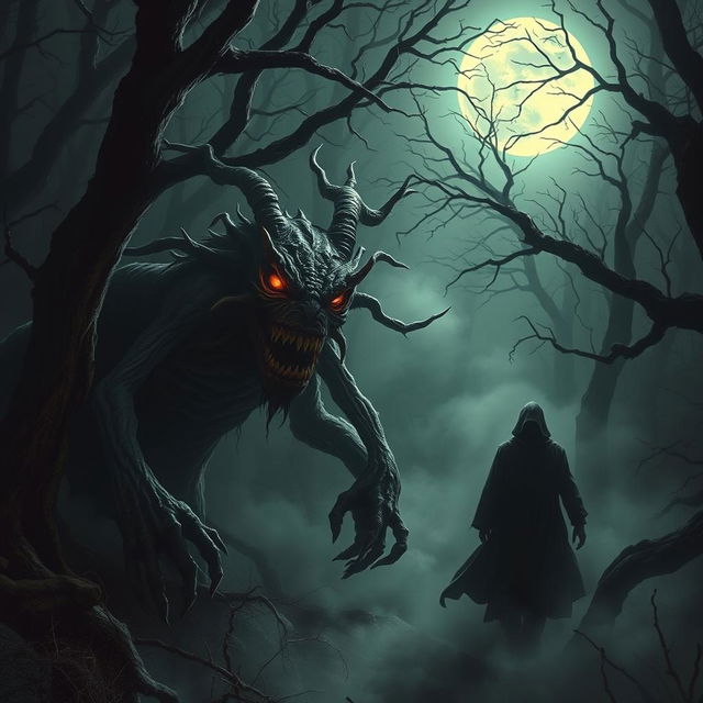 A terrifying scene depicting a Dandadan Okarun, a mythological creature with a grotesque appearance, featuring long, twisted limbs, a monstrous face with sharp teeth, and glowing eyes that pierce through the darkness