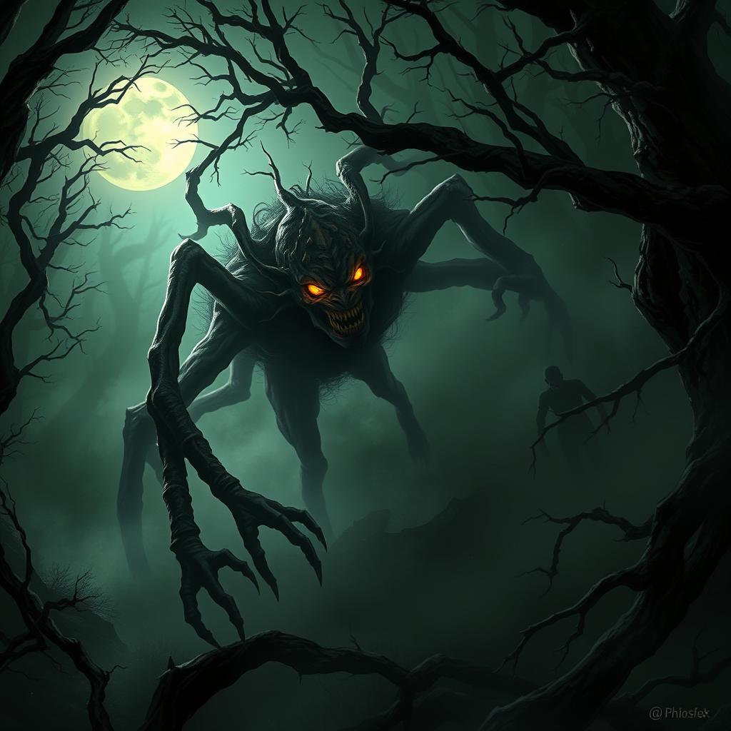 A terrifying scene depicting a Dandadan Okarun, a mythological creature with a grotesque appearance, featuring long, twisted limbs, a monstrous face with sharp teeth, and glowing eyes that pierce through the darkness