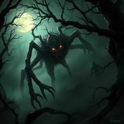 A terrifying scene depicting a Dandadan Okarun, a mythological creature with a grotesque appearance, featuring long, twisted limbs, a monstrous face with sharp teeth, and glowing eyes that pierce through the darkness