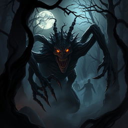 A terrifying scene depicting a Dandadan Okarun, a mythological creature with a grotesque appearance, featuring long, twisted limbs, a monstrous face with sharp teeth, and glowing eyes that pierce through the darkness