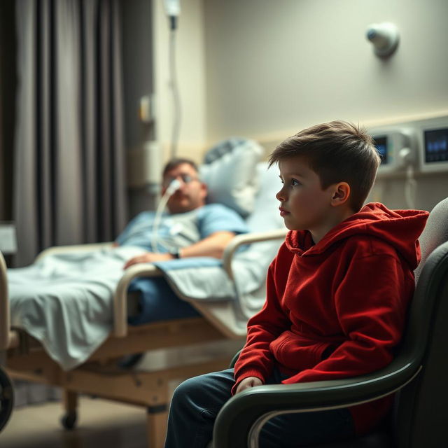 A touching scene in a hospital room, depicting a young boy wearing a bright red hoodie, sitting on a chair with a concerned expression on his face