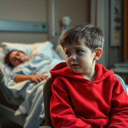 A touching scene in a hospital room, depicting a young boy wearing a bright red hoodie, sitting on a chair with a concerned expression on his face