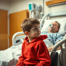 A touching scene in a hospital room, depicting a young boy wearing a bright red hoodie, sitting on a chair with a concerned expression on his face