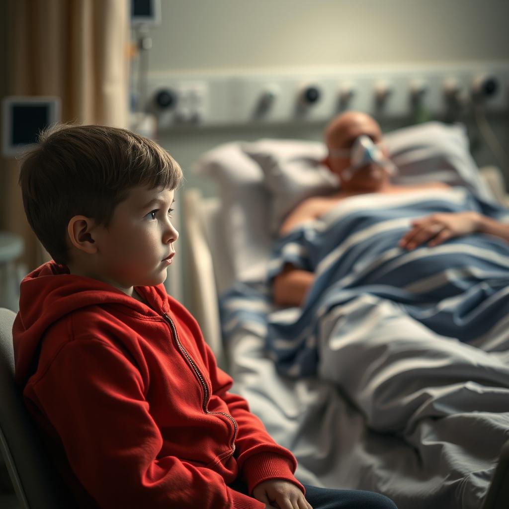 A touching scene in a hospital room, depicting a young boy wearing a bright red hoodie, sitting on a chair with a concerned expression on his face