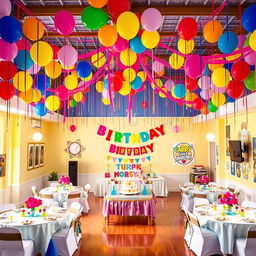 A beautifully decorated birthday party hall, filled with vibrant balloons in various colors, hanging streamers, and a large birthday cake displayed on a central table