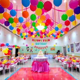 A beautifully decorated birthday party hall, filled with vibrant balloons in various colors, hanging streamers, and a large birthday cake displayed on a central table