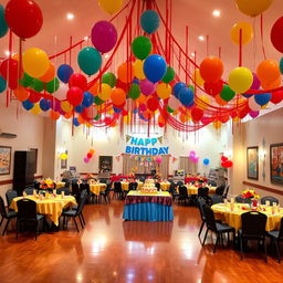 A beautifully decorated birthday party hall, filled with vibrant balloons in various colors, hanging streamers, and a large birthday cake displayed on a central table