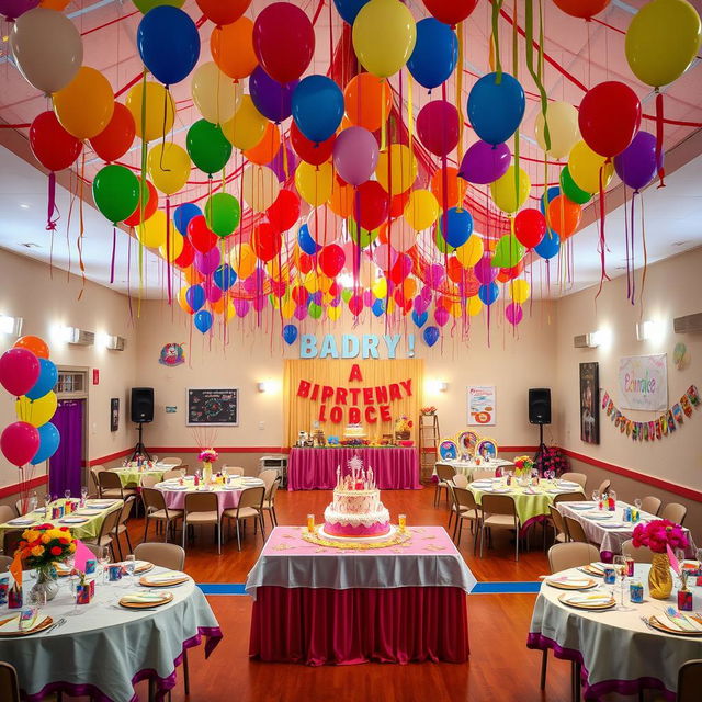 A beautifully decorated birthday party hall, filled with vibrant balloons in various colors, hanging streamers, and a large birthday cake displayed on a central table