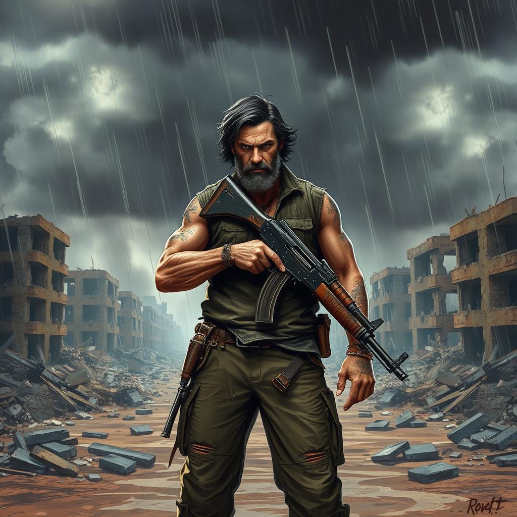 A rugged bandit standing confidently with an AK-47 slung over his shoulder, amidst the ruins of a destroyed cityscape