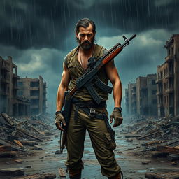 A rugged bandit standing confidently with an AK-47 slung over his shoulder, amidst the ruins of a destroyed cityscape