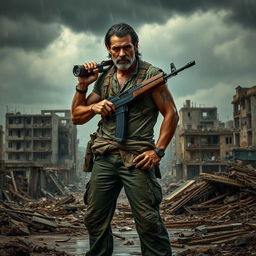 A rugged bandit standing confidently with an AK-47 slung over his shoulder, amidst the ruins of a destroyed cityscape