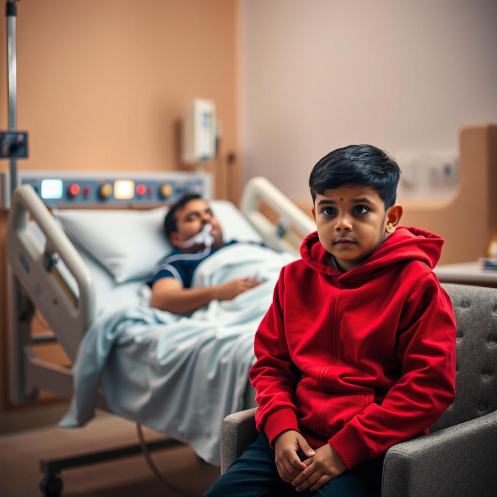 A poignant portrait in a hospital room featuring an Indian boy wearing a vibrant red hoodie, seated contemplatively on a chair