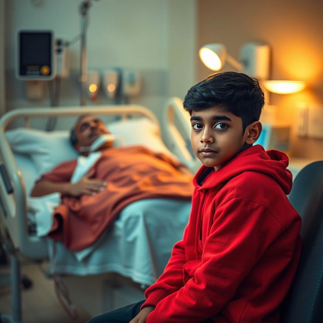 A poignant portrait in a hospital room featuring an Indian boy wearing a vibrant red hoodie, seated contemplatively on a chair