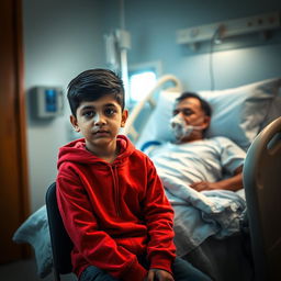 A poignant portrait in a hospital room featuring an Indian boy wearing a vibrant red hoodie, seated contemplatively on a chair