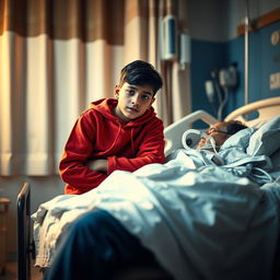 A poignant portrait in a hospital room featuring an Indian boy wearing a vibrant red hoodie, seated contemplatively on a chair