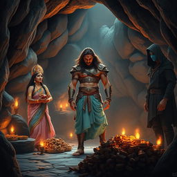 A high-resolution, wide shot of a stony cave interior illuminated by soft light from oil lamps