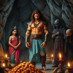 A high-resolution, wide shot of a stony cave interior illuminated by soft light from oil lamps