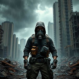 A fierce bandit wearing a gas mask, standing amidst a desolate destroyed city environment