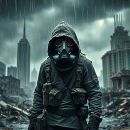 A fierce bandit wearing a gas mask, standing amidst a desolate destroyed city environment