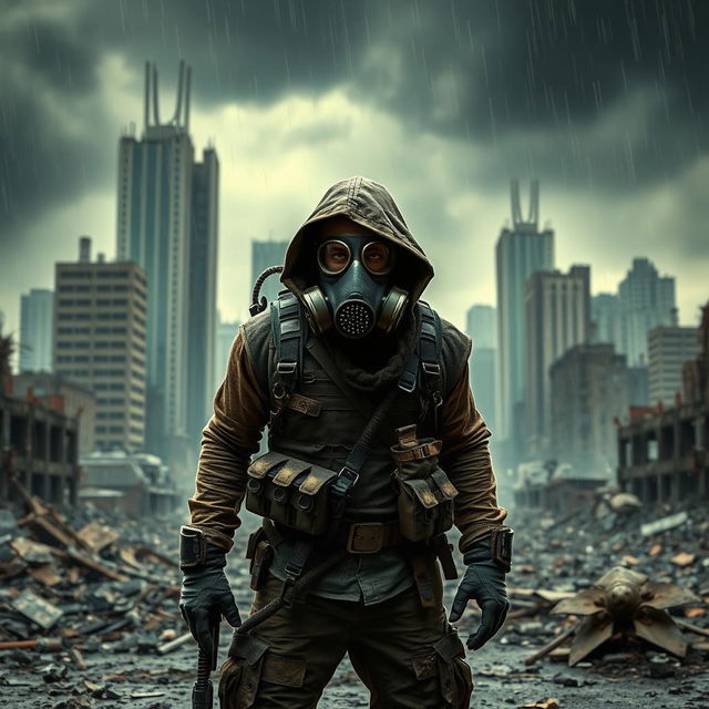 A fierce bandit wearing a gas mask, standing amidst a desolate destroyed city environment