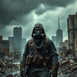 A fierce bandit wearing a gas mask, standing amidst a desolate destroyed city environment