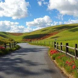A picturesque winding road surrounded by lush greenery and hills