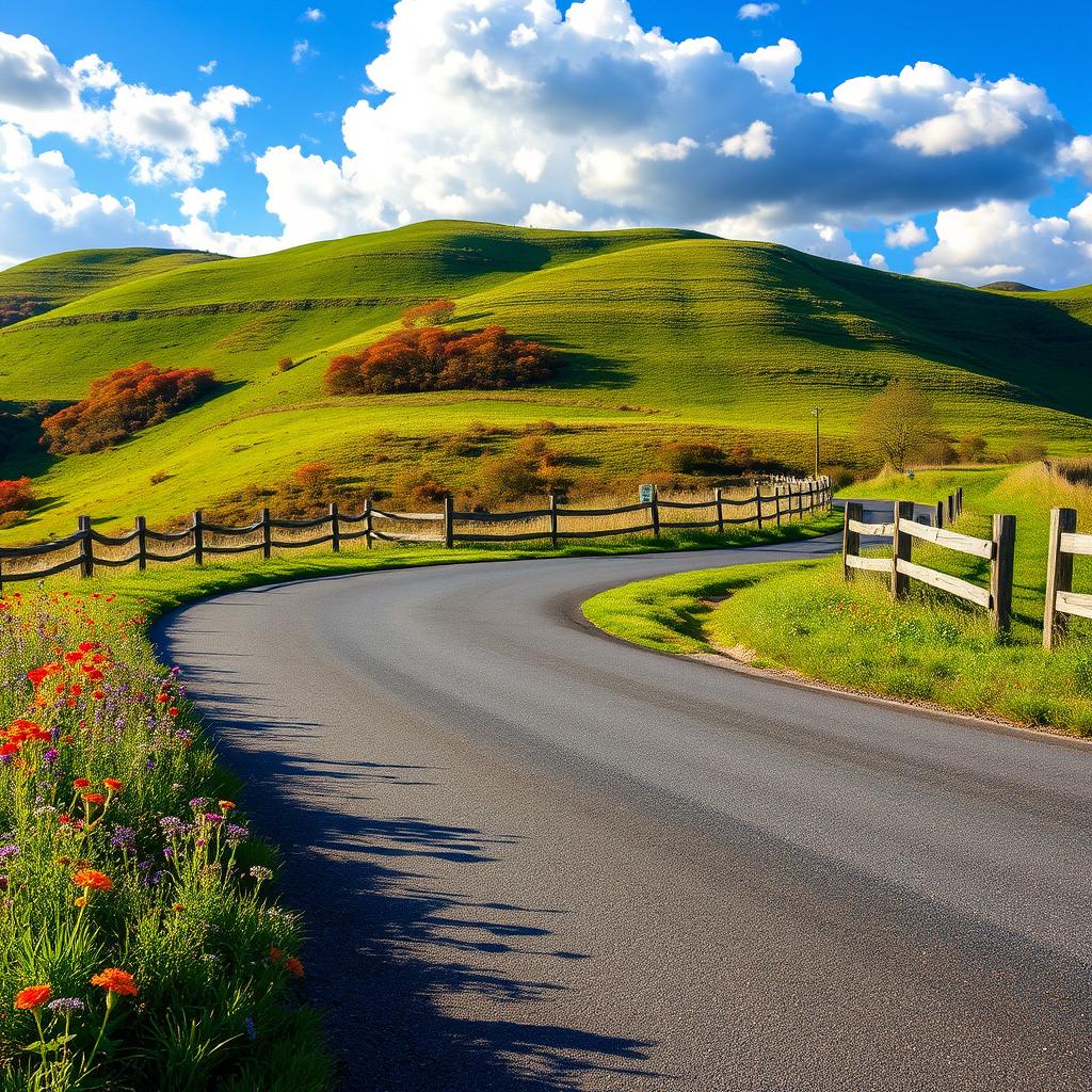 A picturesque winding road surrounded by lush greenery and hills