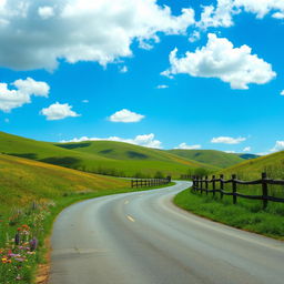 A picturesque winding road surrounded by lush greenery and hills