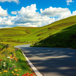 A picturesque winding road surrounded by lush greenery and hills