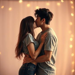 A romantic scene featuring a young couple sharing a passionate kiss