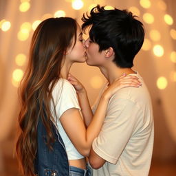 A romantic scene featuring a young couple sharing a passionate kiss