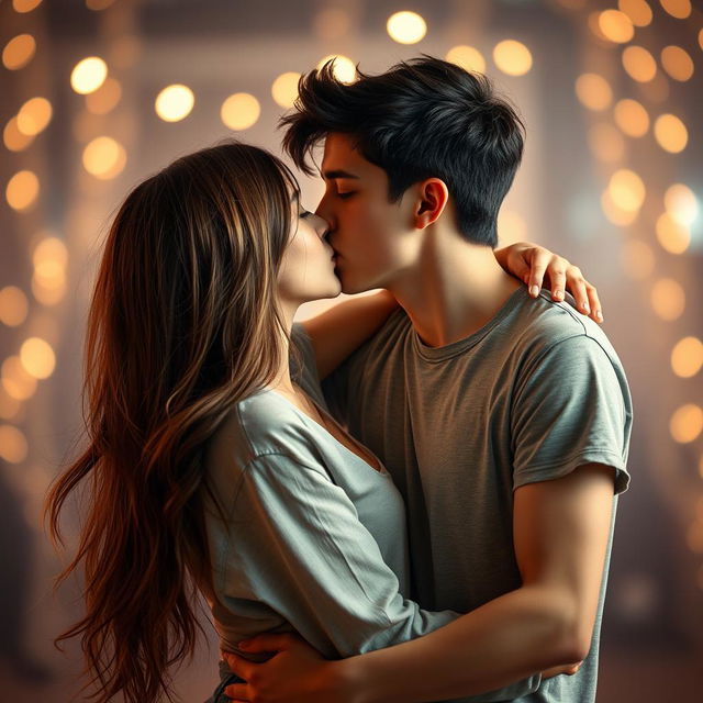 A romantic scene featuring a young couple sharing a passionate kiss