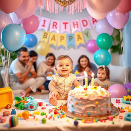 A delightful first birthday party scene featuring a joyous young child (not explicitly highlighted but implied), surrounded by colorful decorations, balloons, and a large cake with a single candle on the table