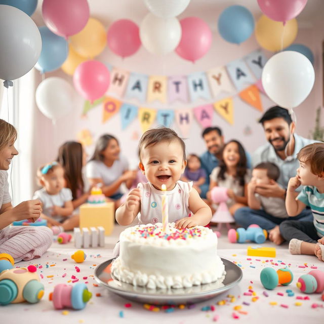 A delightful first birthday party scene featuring a joyous young child (not explicitly highlighted but implied), surrounded by colorful decorations, balloons, and a large cake with a single candle on the table