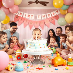 A delightful first birthday party scene featuring a joyous young child (not explicitly highlighted but implied), surrounded by colorful decorations, balloons, and a large cake with a single candle on the table