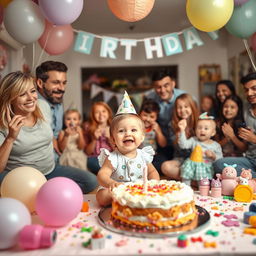 A delightful first birthday party scene featuring a joyous young child (not explicitly highlighted but implied), surrounded by colorful decorations, balloons, and a large cake with a single candle on the table