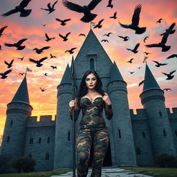 A captivating photograph of a medieval castle at sunset, bathed in the warm glow of vibrant oranges and pinks in the sky