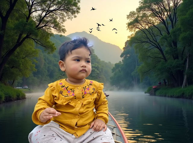 A serene river landscape featuring a child sitting on a traditional bamboo raft