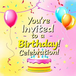 A colorful and festive birthday invitation card design, featuring balloons, confetti, and a birthday cake with candles